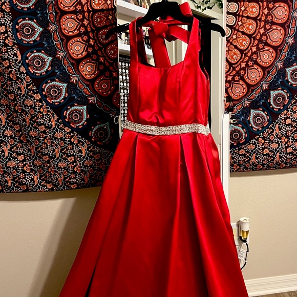 A-Line Halter Red Satin Rhinestone Waist Prom Dress - Picture 1 of 5